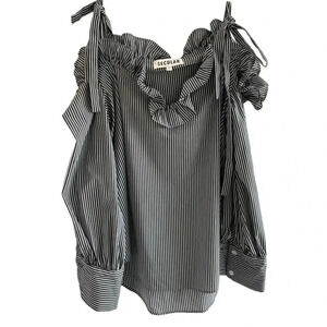 Secular.lab Black White Stripe Cold Shoulder Ruffle Top